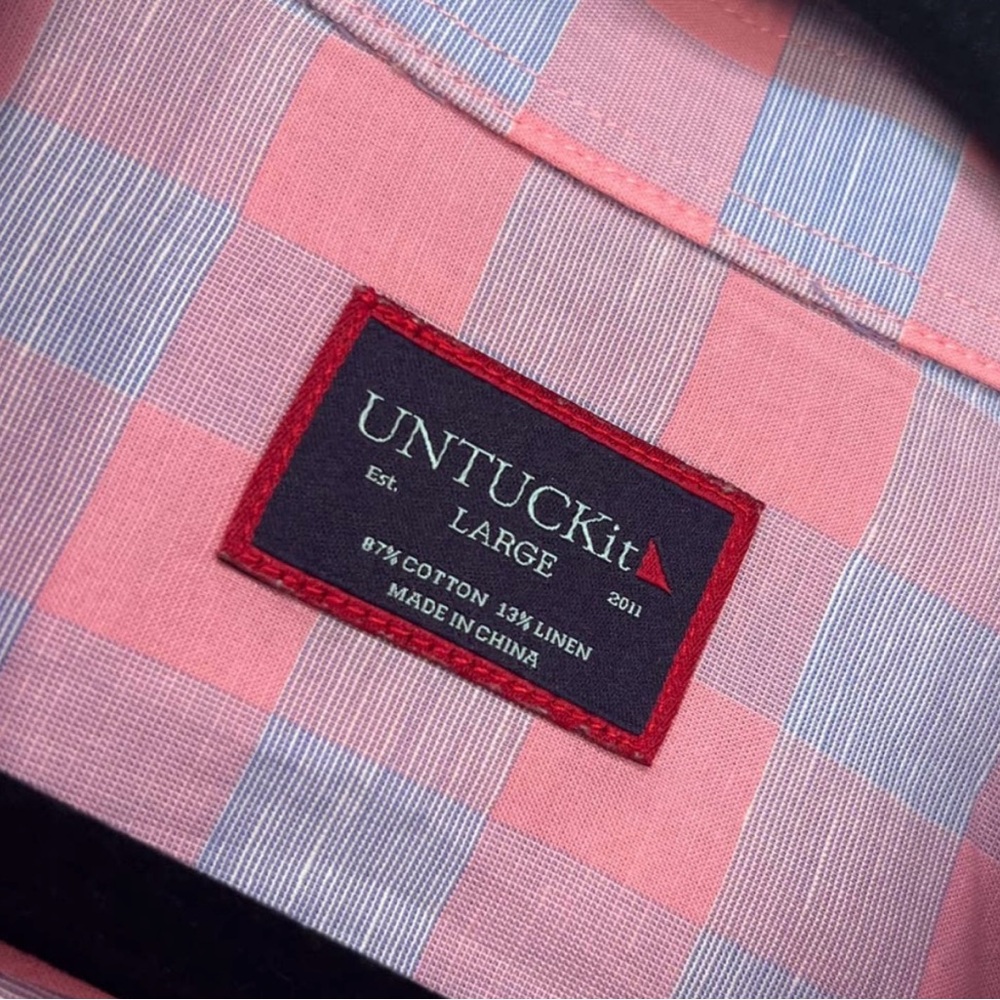 UNTUCKit Linen Blend Anderson Plaid Button Up Men Shirt Vibrant Pink  L